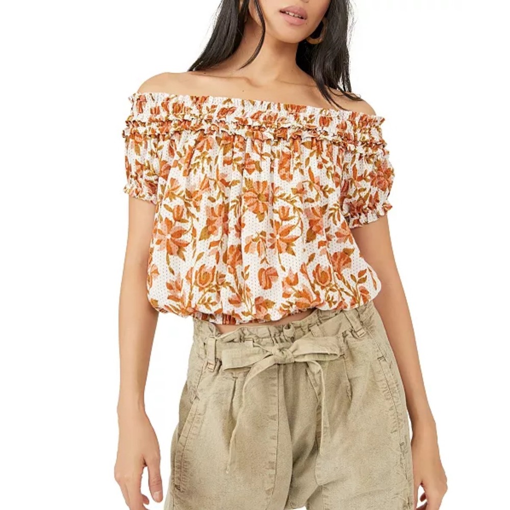 Free People Women's Floral-Print Off-The-Shoulder Elastic-Hem Suki Blouse Size S